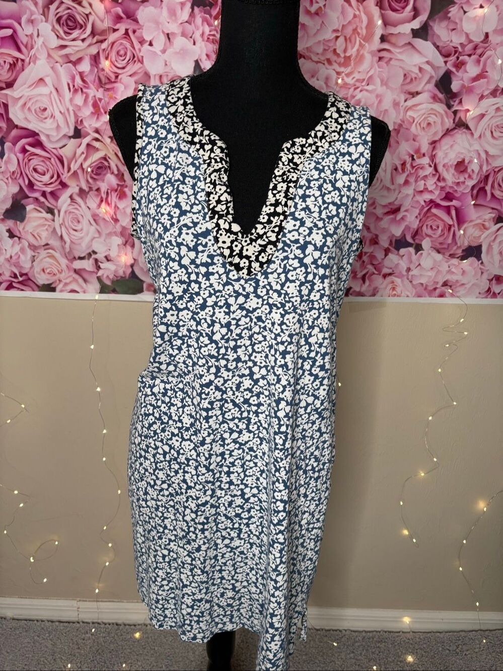 Lands' End Blue Floral and White Floral 100% Cotton Sleeveless Shift Split Neck